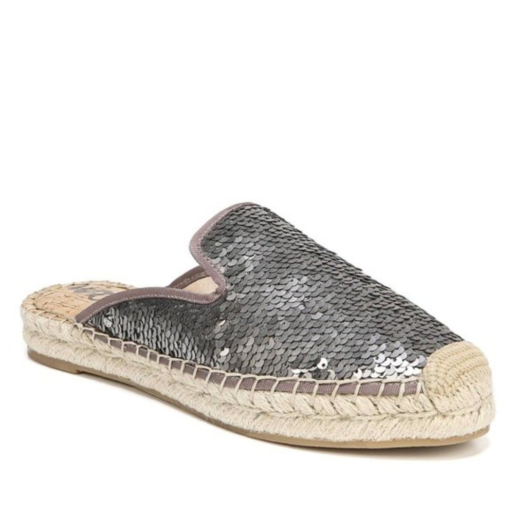 Sam Edelman Kerry Pewter Silver Sequins Espadrilles Slip-on Mules Shoes Sz 8 EUC